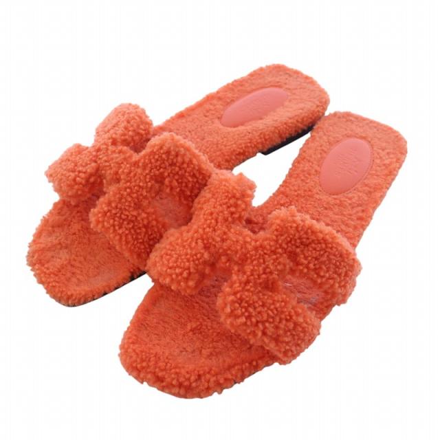 【中古】エルメス オラン フラット ボア サンダル ミュール ムートン レザー ロゴ 38 24cm オレンジ 212178ZFの通販は