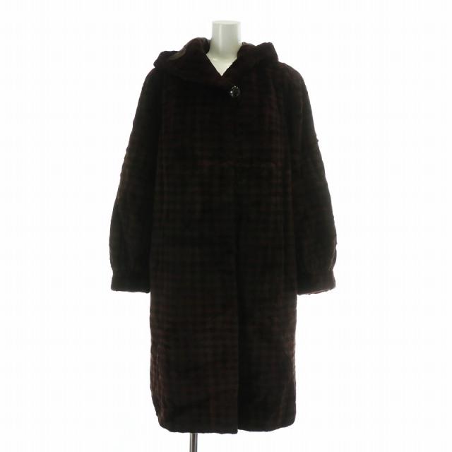 【中古】MOONBAT Fond ファーコート アウター 毛皮 シェアードミンク ロング フード チェック柄 総柄 9〜11 M〜L 茶色