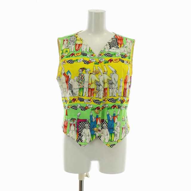 【中古】ヴェルサーチジーンズ VERSACE JEANS COUTURE clown ベスト 前開き メデューサボタン 総柄 M 緑 黄色の通販は