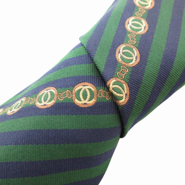 【中古】シャネル CHANEL ネクタイ カジュアル ストライプ ココマーク 絹 シルク 緑 グリーン 紺 ネイビー ■GY17の通販は 4,876円