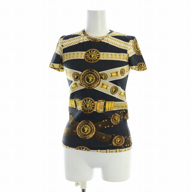 【中古】ヴェルサーチ ヴェルサーチェ VERSACE Tシャツ 半袖 総柄 サンバースト ロゴ ベルト 総柄 XXS 黄 イエロー 黒の通販は 15,444円