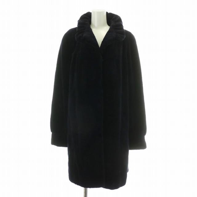 【中古】バレンシアガ BALENCIAGA ファーコート アウター 毛皮 シェアードミンク ロング 肩パッド 裏地総柄 濃紺