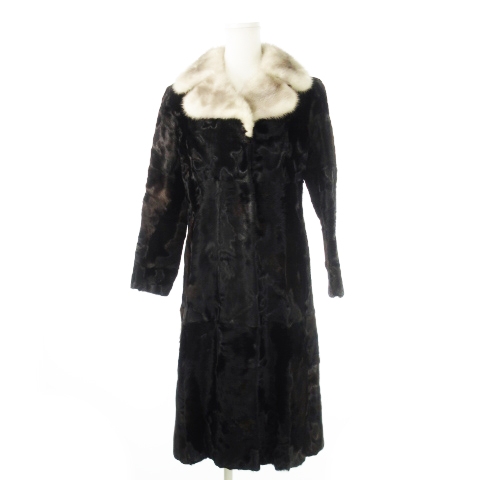 【中古】ノーブランド ファーコート ファイアミンク ラム ロング 配色 切替 ミックス 黒 ブラック 茶 ブラウン