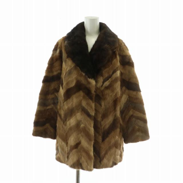 【中古】ノーブランド ファーコート アウター 毛皮 ミンク ミドル ヘリンボーン 裏地総柄 茶色 ブラウン