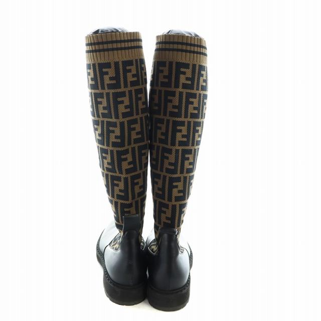 中古】フェンディ FENDI ニットブーツ ロング FF柄 ズッカ柄 レザー