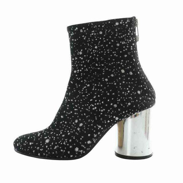 【中古】Maison Margiela 22 ショートブーツ ラウンドトゥ チャンキーヒール ラメ 総柄 38 25cm 黒 シルバー色