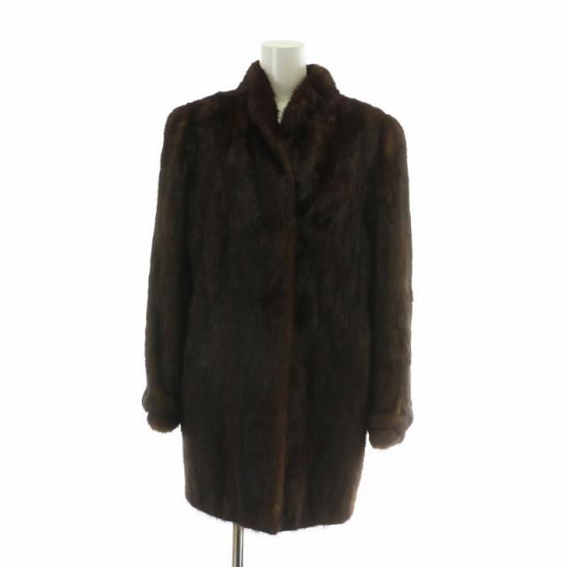 【中古】ノーブランド ファーコート アウター 毛皮 ミンク ミドル 肩パッド 11 L 茶色 ブラウン