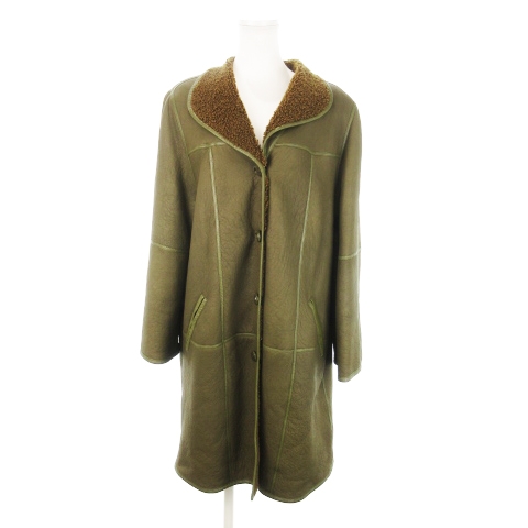 【中古】ゲラルディーニ GHERARDINI ムートンコート ロング レザー プードル 襟付き ロゴボタン 緑 オリーブ