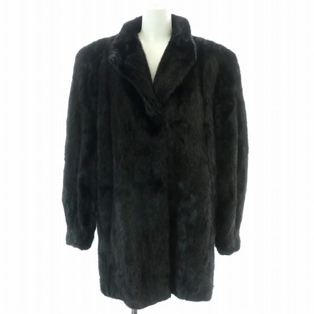 【中古】ムーンバットファーフラッシュ ファーコート ブラックミンクファー 毛皮 ハーフ ミドル 総裏地  9~11号 黒