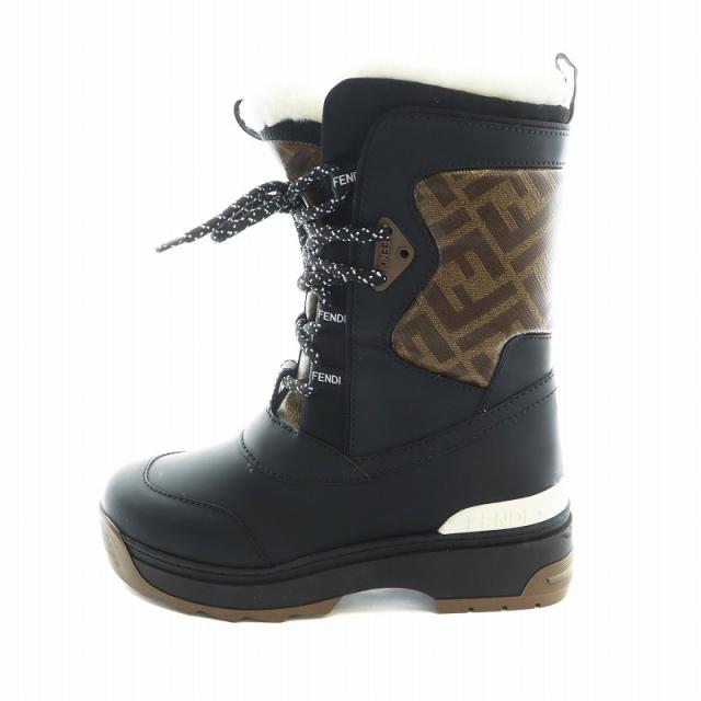 【中古】フェンディ FENDI ショートブーツ ラウンドトゥ ボア ズッカ 切替 ロゴ 35 22cm 茶 ブラウン 黒 ブラック
