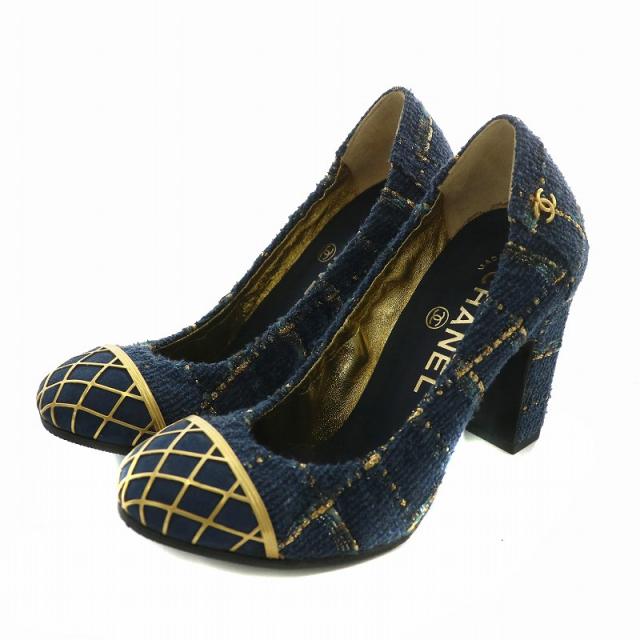 【中古】シャネル CHANEL G27827 パンプス ツイード チャンキーヒール ココマーク 34 21cm 紺 ネイビー ゴールド色