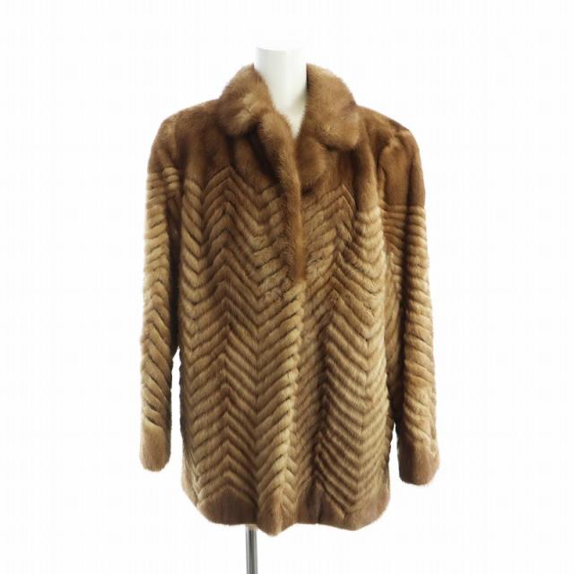 【中古】ノーブランド品 毛皮コート ミンクファー 総裏地 ミドル 長袖 ヘリンボーン ネーム刺繍入り 大きいサイズ