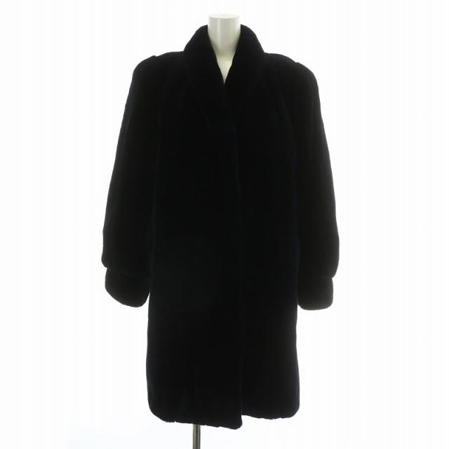 【中古】ノーブランド シェアード ミンクファー ロング コート アウター 毛皮 肩パッド 裏地総柄 F 紺 ネイビー
