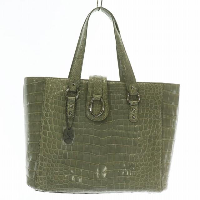 【中古】サンポー sanpo JRA ハンドバッグ クロコダイル レザー マグネット シルバー金具 緑 グリーン