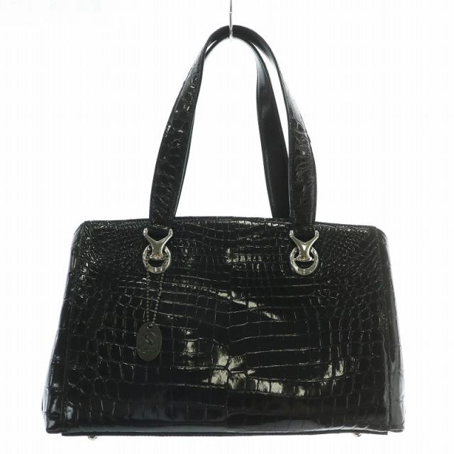 【中古】サンポー sanpo JRA ハンドバッグ トート シャイニークロコ レザー 黒 ブラック /XZ ■GY18 レディース