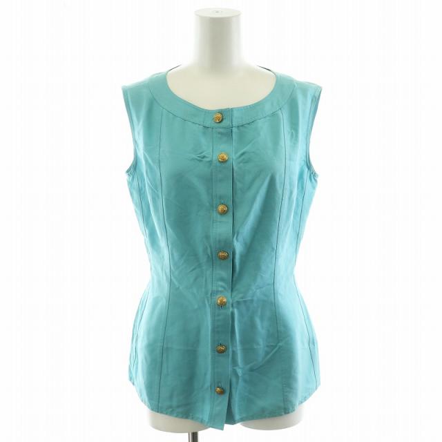 【中古】シャネル CHANEL シャツ ブラウス ノースリーブ ノーカラー シルク 金ボタン 36 S 水色 アイスブルー /MW