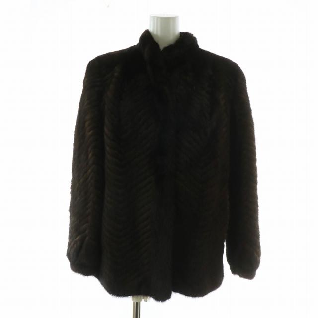 【中古】ノーブランド ファーコート アウター 毛皮 ミンク ミドル 肩パッド ヘリンボーン柄 11 L 茶色 ブラウン