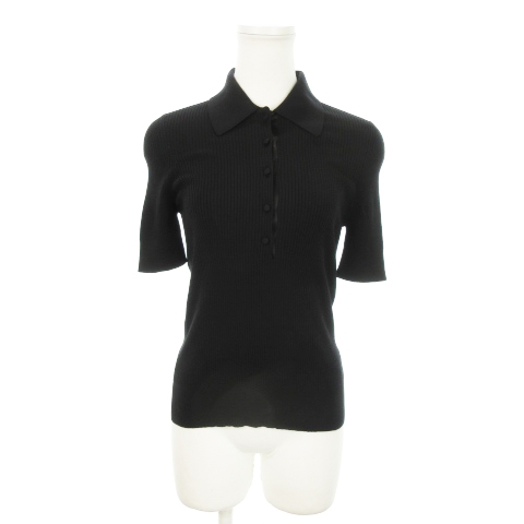【中古】イヴサンローラン YVES SAINT LAURENT リブニットシャツ 五分袖 フロントハーフボタン ウール シルク S 黒