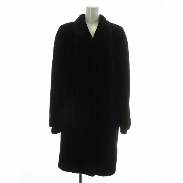 【中古】ビアンフォレ BIEN FORET ファーコート アウター 毛皮 シェアードミンク ミドル 肩パッド F 紺 ネイビー