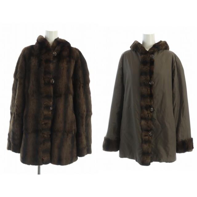 【中古】ノーブランド品 毛皮コート ミドル リバーシブル ロリス 長袖 絹 シルク 茶 ブラウン グレー