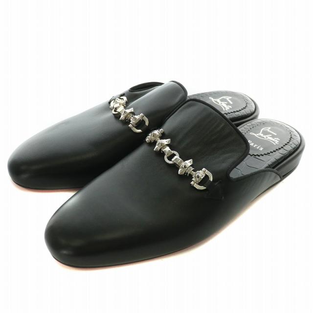 【中古】Christian louboutin フラットサンダル スリッパ レザー ラウンドトゥ シルバー金具 43 28cm 黒