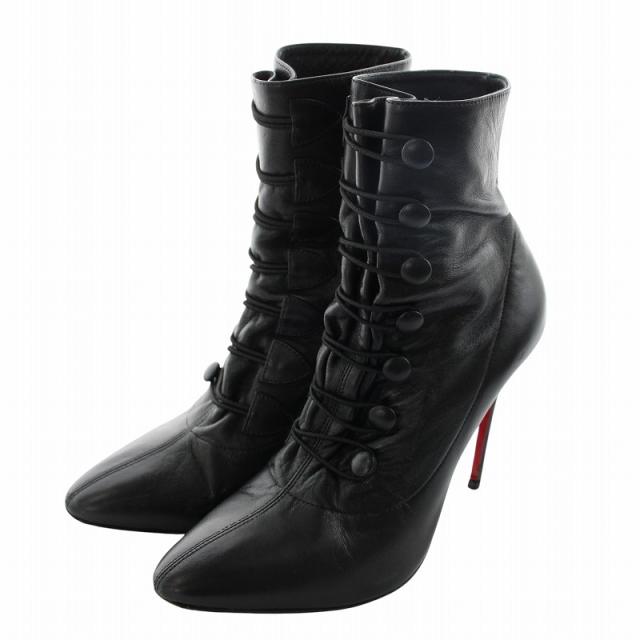 【中古】Christian louboutin ショートブーツ レザー ポインテッドトゥ ピンヒール ボタン 36 23cm 黒