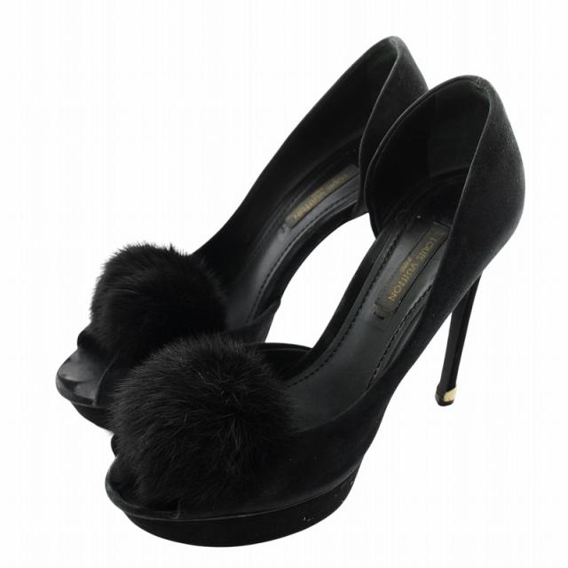 【中古】ルイヴィトン パンプス セパレート スエード レザー オープントゥ ミンクファー ポンポン 毛皮 35 22.5cm 黒