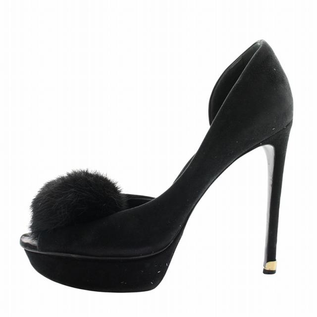 【中古】ルイヴィトン パンプス セパレート スエード レザー オープントゥ ミンクファー ポンポン 毛皮 35 22.5cm 黒