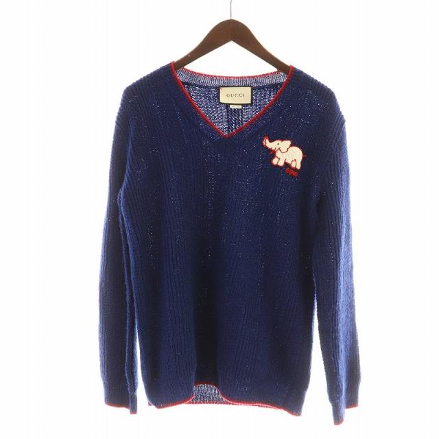 中古美品 グッチ GUCCI ニット セーター Vネック ネイビーブルー L