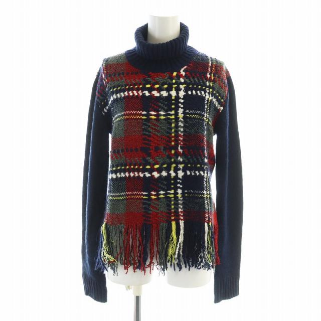 【中古】クリスチャンディオール Christian Dior ニット セーター 長袖 チェック柄 ロゴ タートルネック フリンジ
