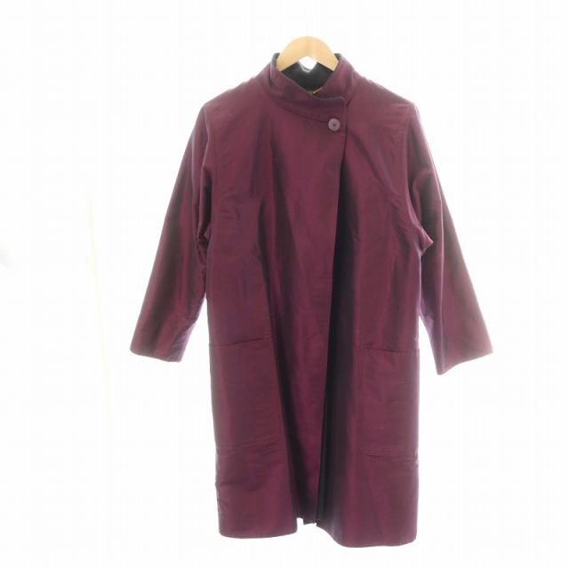 【中古】セリーヌ CELINE ヴィンテージ コート ロング スタンドカラー ウール  サテン 総裏地 赤 グレー 金