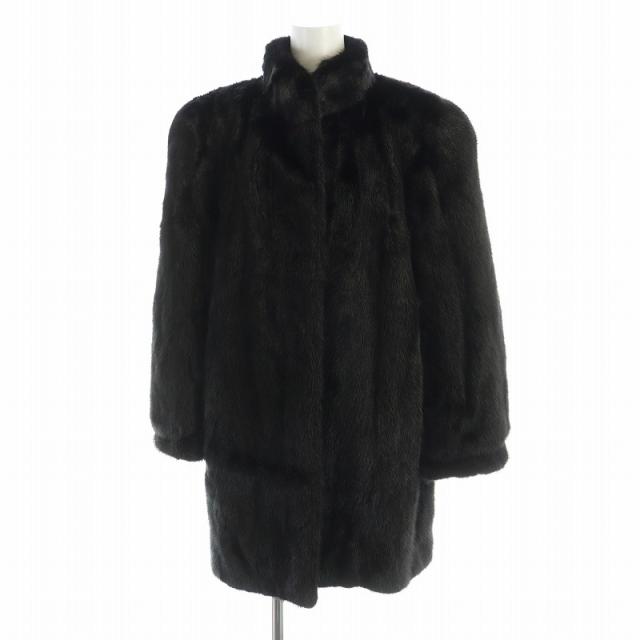 【中古】ノーブランド品 毛皮コート ミンクファー ミドル 総裏地 長袖 大きいサイズ 15 XXL 黒 ブラック