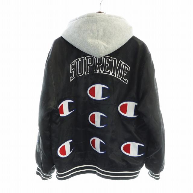 【中古】シュプリーム SUPREME チャンピオン Champion 18AW Hooded Satin Varsity Jacket Black ジャンパー