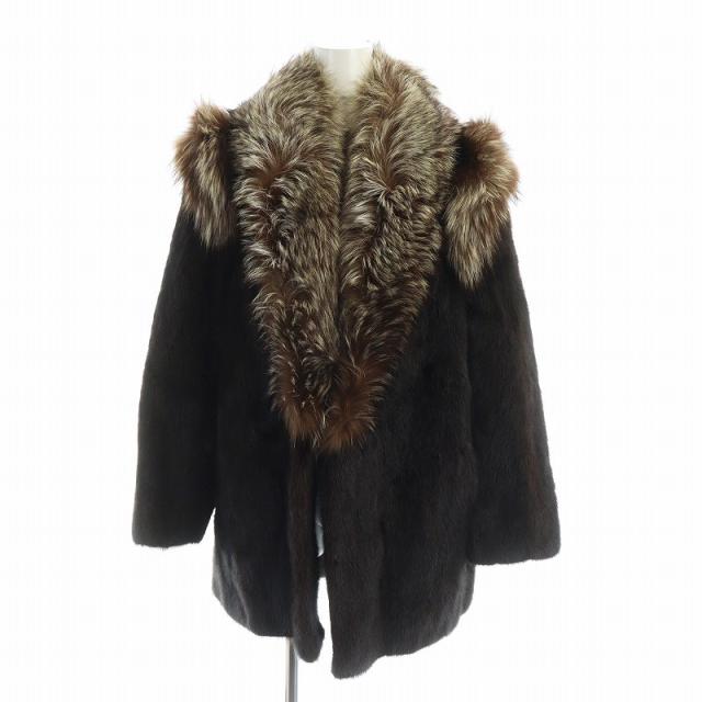 【中古】ノーブランド品 毛皮コート ミンクファー フォックスファー ミドル 長袖 総裏地 茶 ブラウン