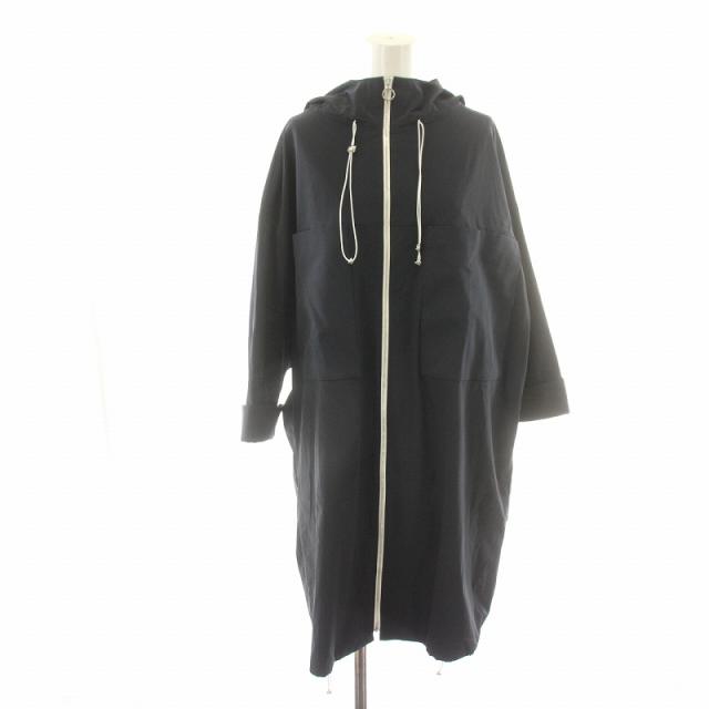 【中古】未使用品 ルネ Rene ナイロンコート レインコート ロング 2wayストレッチ フード ドローコード 36 黒