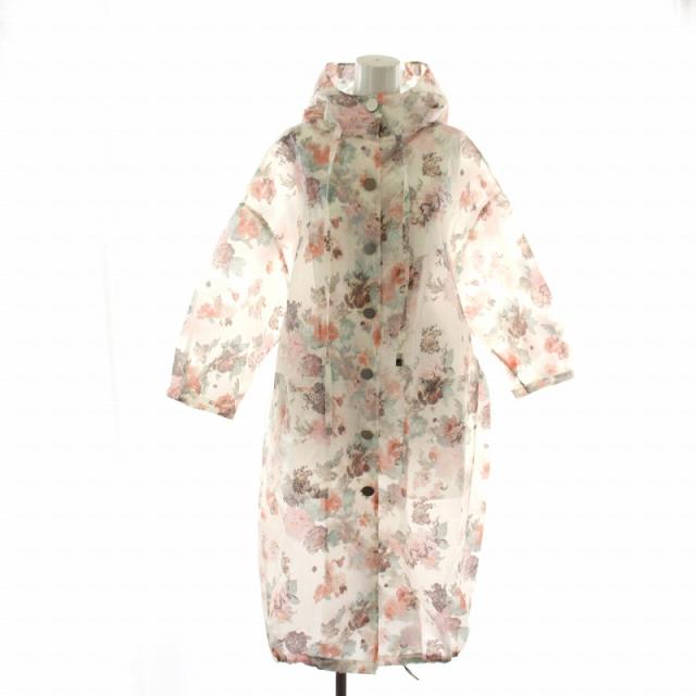 【中古】未使用品 ルネ Rene レインコート スプリングコート ロング フード 花柄 PALATEKS社生地 36 白 ピンク 透明