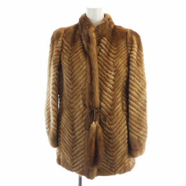 【中古】Repos 毛皮コート ミンクファー 長袖 ミドル 総裏地 ネーム刺繍入り 11L 茶 ブラウン