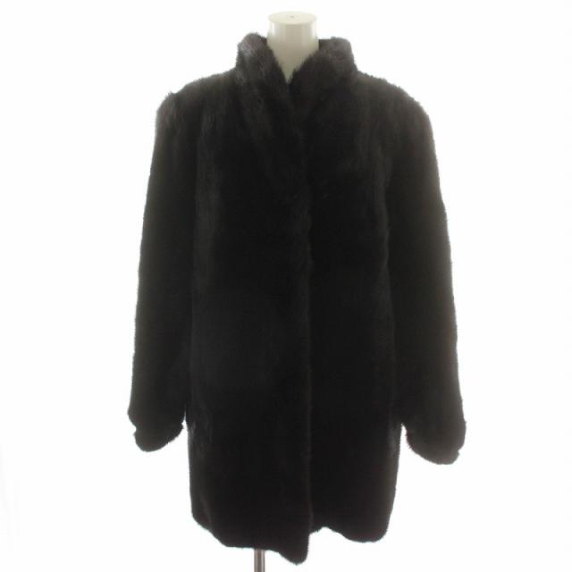 【中古】ファーコート ミドル ハーフ ミンク 毛皮 総裏地 刺繍 15号 大きいサイズ 黒 ブラック  /MP ■GY18