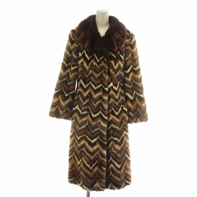 【中古】ノーブランド ファーコート アウター 毛皮 ミンク ロング ヘリンボーン 総柄 茶色 ブラウン