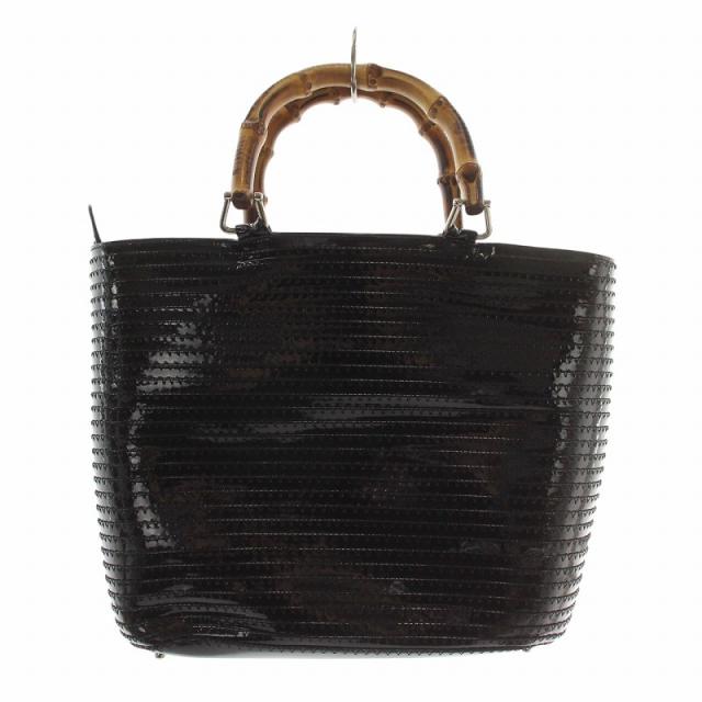 中古】グッチ GUCCI バンブー ハンドバッグ トート エナメル 黒