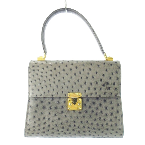【中古】ジーボリー G.BORRI ハンドバッグ オーストリッチ レザー 革 ロゴ ミラー付き ゴールド金具 グレー /CK12
