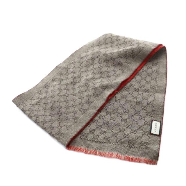 グッチ GUCCI マフラー ストール ロゴ GG柄 総柄 茶 ブラウン 赤
