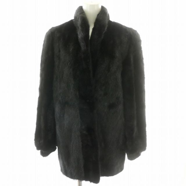 【中古】ファーコート ミドル ハーフ ミンク 毛皮 総裏地 花柄 刺繍 9号 黒 ブラック /MP ■GY18 レディース