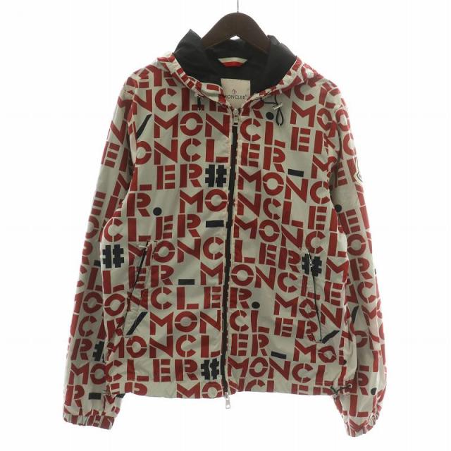 【中古】モンクレール 19SS 1952 ドーフマン ナイロン ジャケット パーカー フード 総柄 ロゴ ワッペン 3 赤 グレー