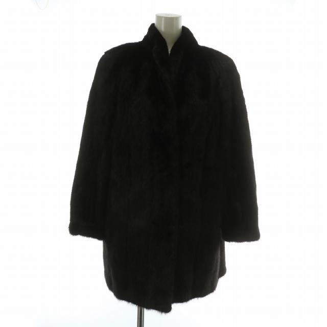 【中古】ノーブランド ファーコート アウター 毛皮 ミンク ミドル 肩パッド 裏地刺繍 11 L 茶色 ブラウン