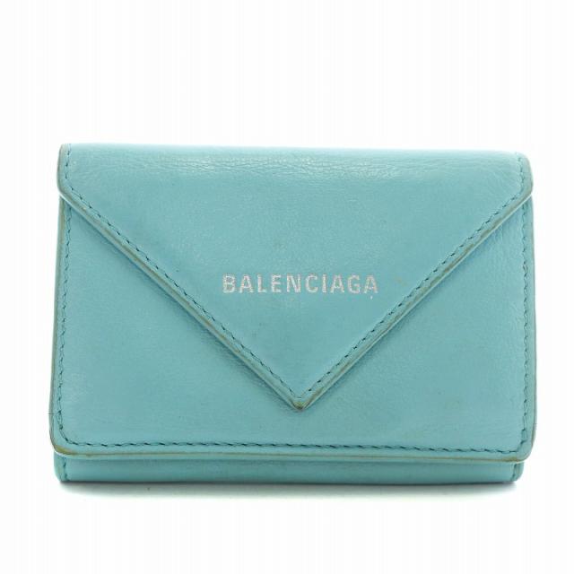 未使用BALENCIAGA レザー三つ折り財布　ペーパーミニウォレット 　水色 中古】バレンシアガ BALENCIAGA ペーパーミニウォレット 財布 三つ折り