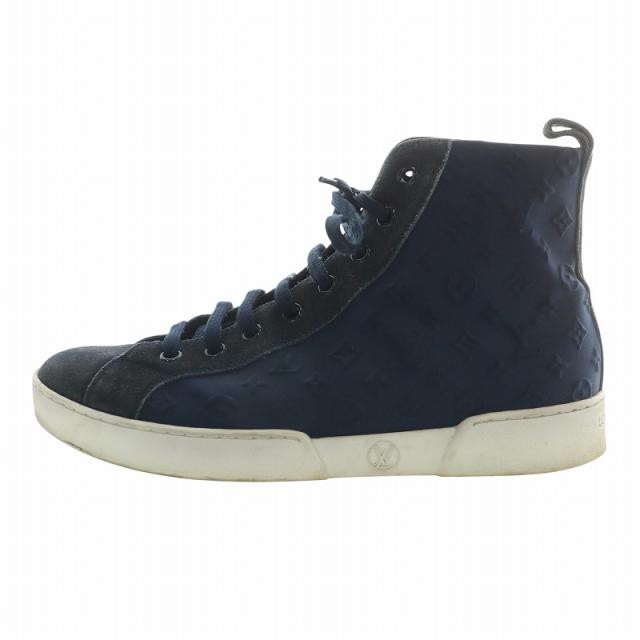 【中古】LOUIS VUITTON スニーカー レザー スエード 切り替え ハイカット モノグラム 総柄 サイドジップ 36 23cm 紺