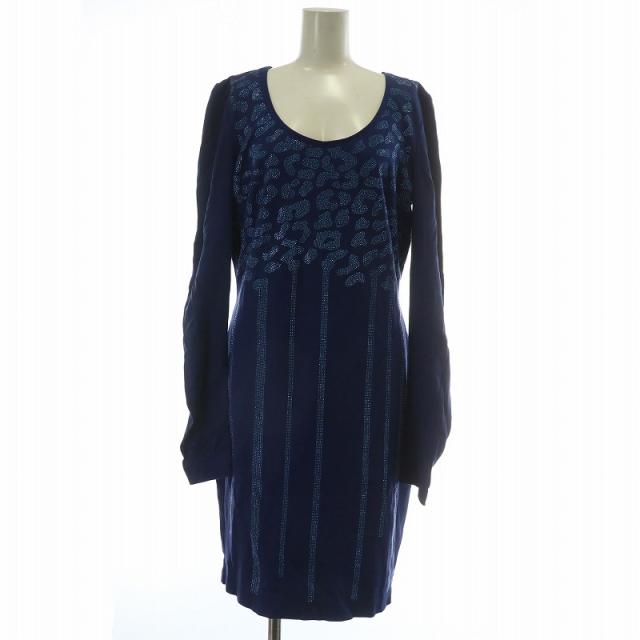 【中古】VERSACE JEANS COUTURE ワンピース 長袖 ひざ丈 ラウンドネック ヒョウ柄 レオパード ラインストーン 44 L 青