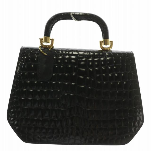 【中古】F.B.M ハンドバッグ クロコダイル ワニ革 レザー ロゴ ゴールド金具 黒 ブラック /XZ ■GY18 レディース 中古】F.B.M ハンドバッグ クロコダイル ワニ革 レザー ロゴ ゴールド