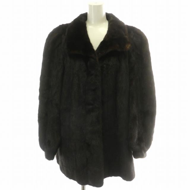 【中古】ファーコート ハーフ ミドル ミンク 毛皮 総裏地 11号 茶 ブラウン 濃茶 ダークブラウン 黒 ブラック